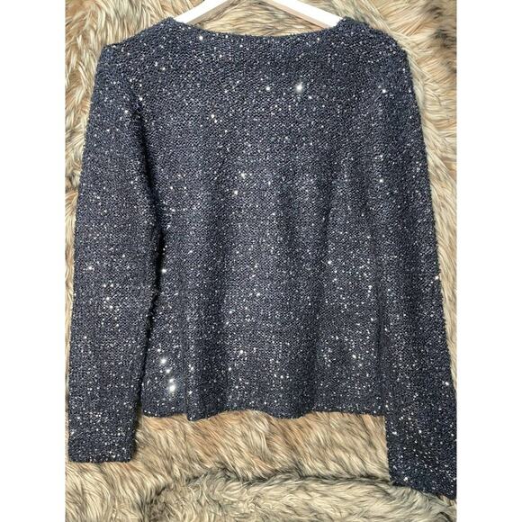 Cardigan Full Zip Sweater Navy Blue with Silve Sequins Women's Size L - Picture 2 of 2